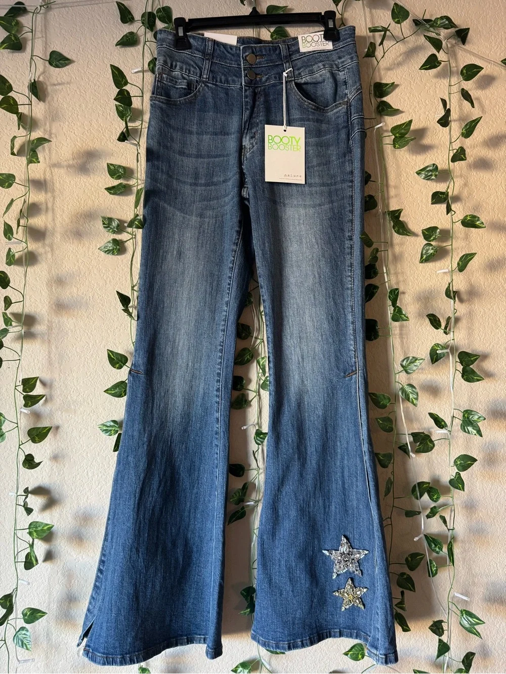 Rodeo Quincy Star Girl Booty Booster Blue Slit Flared Bell Jeans 28